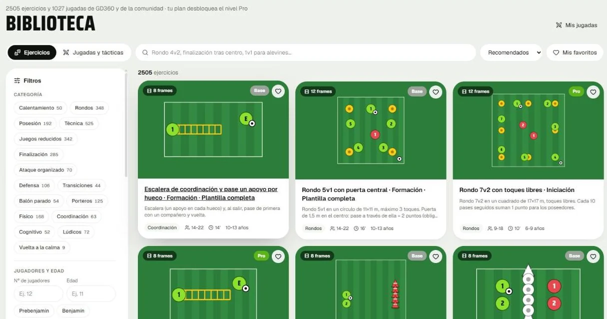 Biblioteca de ejercicios de fútbol con animación en GD360